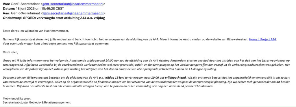 Infobericht afsluiting A44 op 19-6 vanaf 10-:00